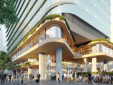 Bates Smart propose tapered tower with CLT podium for growing North Sydney | Architecture & Design Podium Facade Design, Podium Design Architecture, Podium Facade, Podium Architecture, Facade Design Architecture, Podium Design, Mall Facade, Shopping Mall Architecture, North Sydney