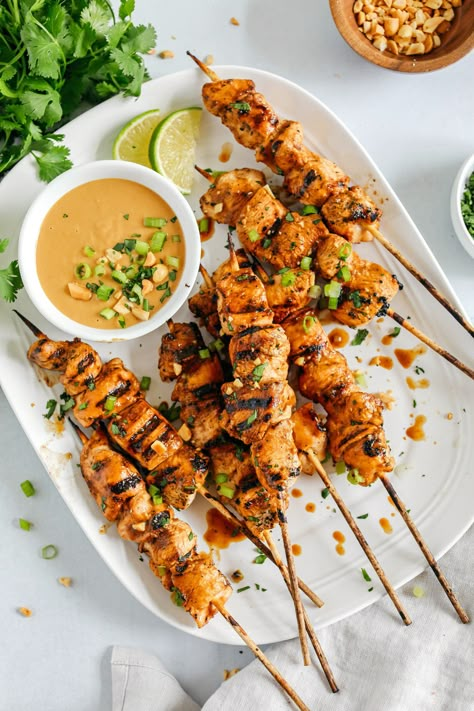 Chicken Satay with Peanut Sauce Satay Chicken Bowl, Air Fryer Chicken Satay, Peanut Satay Chicken, April Dinners, Easy Chicken Satay, Satay Marinade, Chicken Satay With Peanut Sauce, Classy Food, Peanut Satay