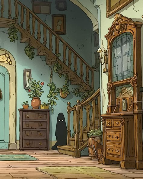 Tree House Illustration Concept Art, Story Book Art Style, Cozy Fantasy Art, Bedroom Design Drawing, House Concept Art Interior, Hallway Illustration, Haunted Attic, Mystery Drawing, Haunted Room