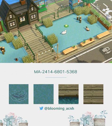 Acnh Water Entrance Designs, Pond Path Acnh, Pond Code Acnh, Animal Crossing Pond Code, Acnh Pond Code, Acnh Pond Design Code, Acnh Dock Design Code, Acnh Boardwalk Design Code, Acnh Pond Idea