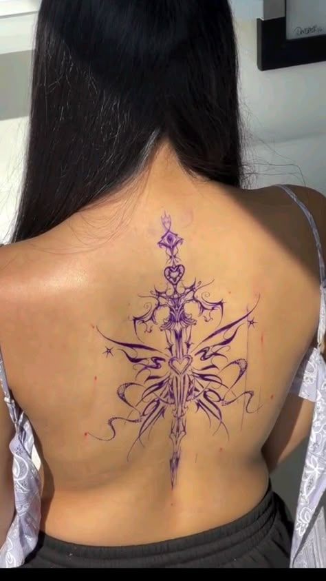 Spine Tattoos Cybersigilism, Spine Tattoos For Women Cybersigilism, Cybersigilism Tattoo Back Spine, Edgy Spine Tattoo, Whimsical Spine Tattoo, Grunge Spine Tattoo, Cybersigilism Tattoo Back Design, Wings Spine Tattoo, Middle Back Tattoo Women