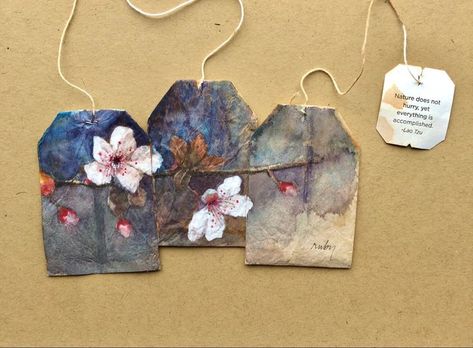 Teabag Crafts, Ruby Silvious, Sakura Painting, Teabag Art, Springtime In Paris, Tea Crafts, Used Tea Bags, Tea Bag Art, Whimsical Art Paintings