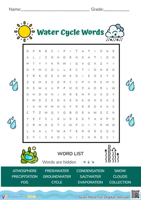 Start a new journey with this water cycle word search puzzle. You also can play interactive at our website. Find and download all Water Cycle worksheets for FREE right now! #watercycle #science #worksheets #wordsearch #puzzles #wordsearchmaker #interactive #printables #water #environment  #livingthings Water Worksheet, Word Puzzles Printable, Water Cycle Worksheet, Water Cycle, Word Puzzles, Science Worksheets, New Journey, Cycling, Word Search Puzzle