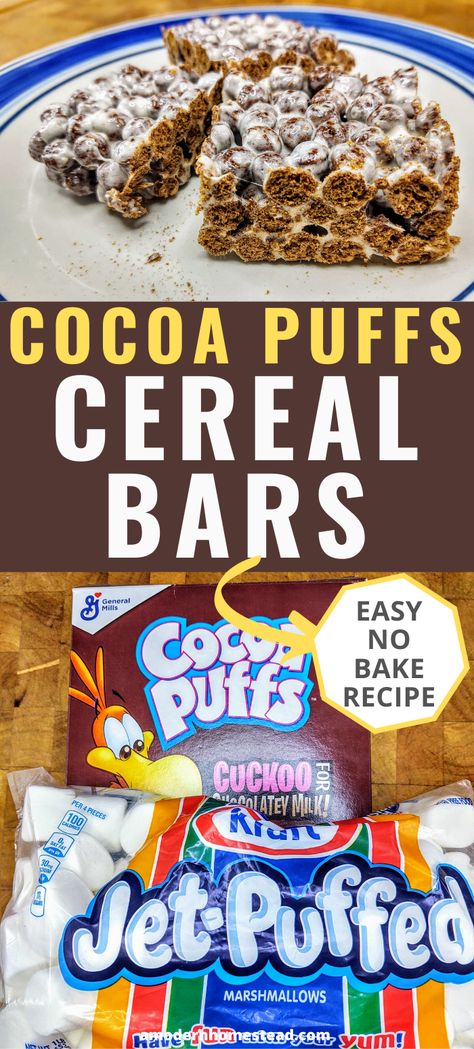 You will go Cuckoo for these delicious Cocoa Puffs Cereal Bars. This easy, no bake recipe combines everyone's favorite chocolate cereal with their favorite dessert; Rice Krispie Treats! #nobakedesserts #easydesserts #ricekrispietreats Coco Puffs Rice Crispy Treats, Cocoa Puff Treats, Cocoa Puffs Treats, Coco Puff Rice Krispie Treats, Coco Puff Treats, Cocoa Puff Rice Krispie Treats, Cocoa Puffs Recipes, Cereal Rice Crispy Treats, Coco Puffs Cereal