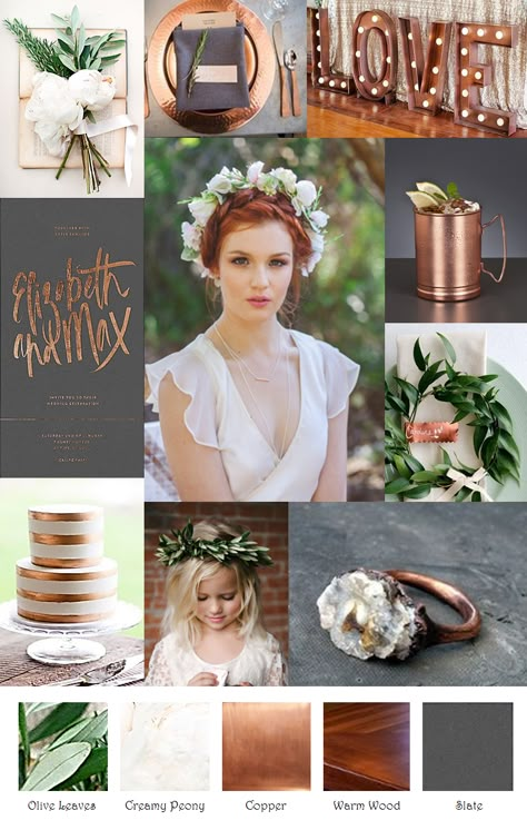 Copper Slate Cream Inspiration Board Copper And Grey Wedding, Copper And Gray Wedding, Copper Accent Wedding, Green Copper Wedding, Green And Copper Wedding, Yellow Living Rooms, Copper Wedding Colors, Copper Wedding Decor, Copper Element