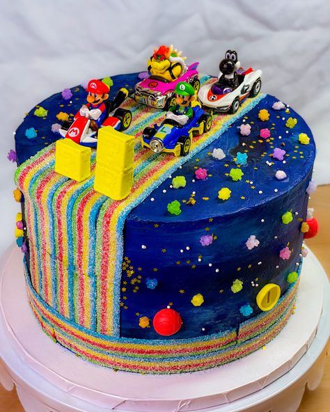 Mario Cake Decorating Ideas, Mario Birthday Cake Rainbow Road, Rainbow Road Birthday Cake, Mario Race Track Cake, Super Mario Rainbow Road Cake, Mario Kart Rainbow Road Cake, Mario Party Birthday Cake, 6 Birthday Cake Boy, Birthday Cake 7 Boy