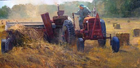 Hay Harvest by Gil Dellinger Cute Wall Painting Ideas, Tractor Art, Narrative Story, Oil Paint Set, Farm Art, Rural Scenes, Landscape Paintings Acrylic, Farm Scene, Oil Painters