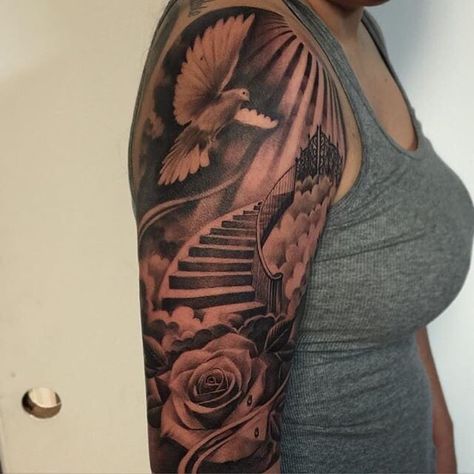 Memorial Tattoo Sleeve Ideas, Womens Memorial Sleeve Tattoo, Heaven Tattoos For Women, Half Sleeve Remembrance Tattoos, Christian Memorial Tattoos, Rip Portrait Tattoo Ideas, Memory Sleeve Tattoos For Women, Memorial Half Sleeve Tattoos, Memorial Tattoos Mom Sleeve