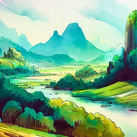 Landscape of Yangshuo Mountains and Rivers, China drawn by alcohol based markers Landscape Markers, Alcohol Based Markers, Alcohol Ink Markers, Drawing Pencils, Art Markers, Nature Drawing, Marker Drawing, Daily Drawing, Watercolor Brushes