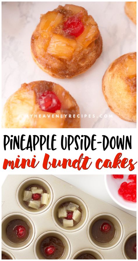 Pineapple Upside Down Cake Mini Bundt, Pineapple Upside Down Pound Cake Bites, Tiny Bundt Cakes, Dessert In Mini Muffin Tin, Pineapple Upside Down Cake Recipe Bundt, Mini Muffin Tin Recipes Desserts, Muffin Tin Recipes Dessert, Pineapple Upside Down Muffins, Pineapple Bundt Cake Recipe