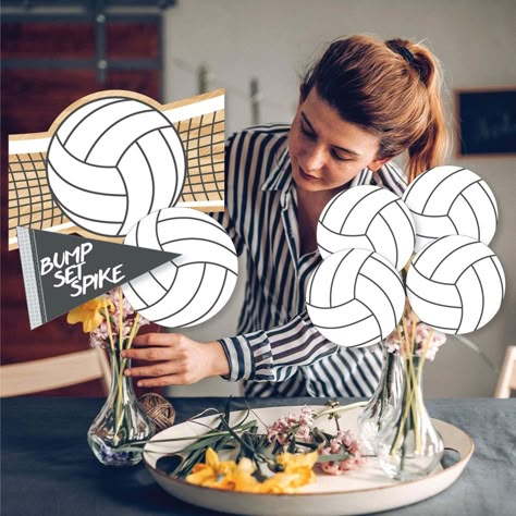 Whether hosting a large group celebration with multiple tables or inviting your closest friends over for a Bump, Set, Spike - Volleyball baby shower or birthday party, create easy DIY party centerpieces with our 35-piece showstopper table toppers. Bump, Set, Spike - Volleyball table topper cut-outs are professionally printed double-sided on sturdy cardstock paper with a photo-like shine and include 35 table topper sticks and clear stickers for at home assembly. Add assembled centerpiece sticks t Volleyball Photo Backdrop, Volleyball Table Centerpieces, Volleyball Decorations Parties, Volleyball Party Ideas Decorations, Volleyball Table Decorations, Volleyball Centerpieces Banquet, Volleyball Balloon Arch, Senior Volleyball Table Ideas, Volleyball Banquet Centerpieces