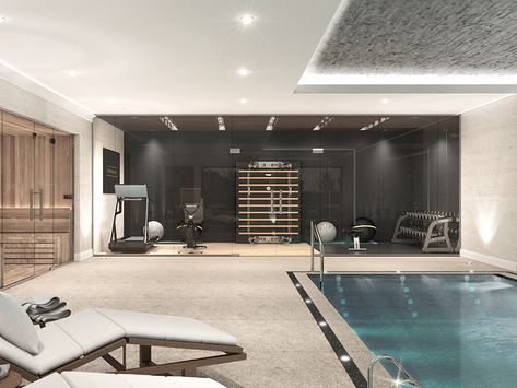 Private Gym Luxury, Indoor Pool With Gym, Home Pool Indoor, Spa Gym At Home, Home Spa And Gym, Basement Pool Ideas, Home Gym With Pool, Dream Home Gym Luxury Fitness Rooms, Indoor Pool And Gym