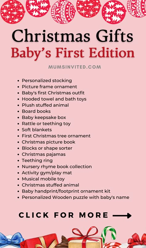 Find the perfect Christmas gifts for baby girl in 2023! Get unique gift ideas for newborns, 3 month olds, 4 month olds, 6 month olds, baby girls, and expecting parents. Discover homemade, DIY, and aesthetic baby's first Christmas gift ideas. Search now for thoughtful new and handmade Christmas gifts from Grandma and Grandpa. Whether you're looking for special newborn gifts or want to make baby's first Christmas memorable, you'll find the best baby Christmas gift inspiration! Christmas With A 3 Month Old, Christmas With A 7 Month Old, Grandmas First Christmas Gift Ideas, 2 Months Until Christmas, Newborn First Christmas Gift, Christmas For 4 Month Old, Diy Baby's First Christmas, Baby Homemade Christmas Gifts, Newborn Christmas Gifts Ideas