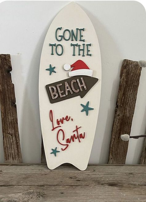 Tropical Christmas Decorations, Painted Surfboard, Beach Christmas Decor, Christmas In July Decorations, Gone To The Beach, Beach Christmas Decorations, The Beach Is Calling, Hawaii Christmas, Beach Is Calling