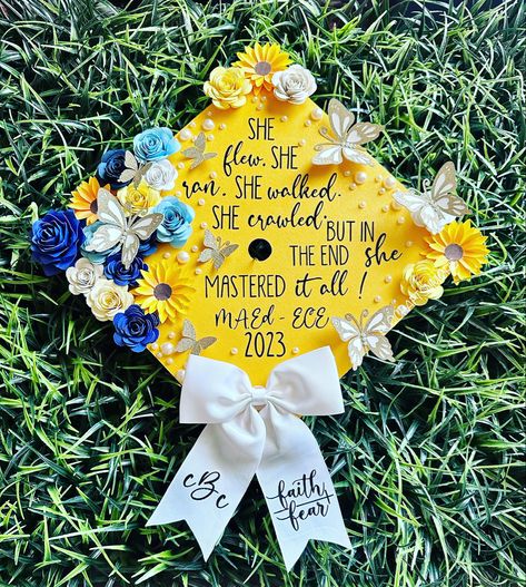 #graduation #gradcap #graduationcapdesigns #yellow #paperflowers #classof2023 Yellow Graduation Cap, Grad Hats, Graduation Shirts For Family, College Graduation Cap Decoration, Grad Hat, Cap Decoration, Graduation Cap Toppers, Graduation Cap Designs, Graduation Cap Decoration