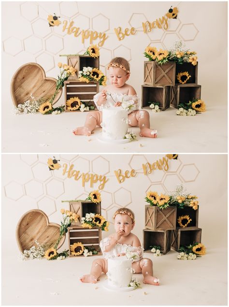 Bee Day Cake Smash, Happy Bee Day Cake, Bee Day Cake, Bee Birthday Theme, Happy Bee Day, Bee Themed Birthday Party, Baby First Birthday Themes, Honeycomb Cake, Cake Smash Theme