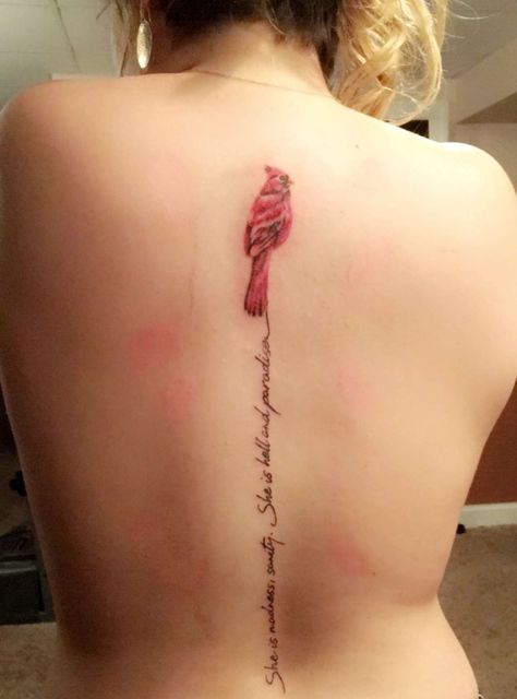 Cardinal Back Tattoo, Mockingbird Tattoo, She Is Love, Cardinal Tattoos, Spine Tattoo, Spine Tattoos, Matching Tattoos, Back Tattoo, I Tattoo