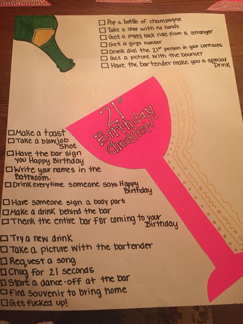 21st birthday check list! 21st Bday Signs Checklist, 21st Birthday To Do List, 21st Birthday Bar Crawl Sign, Sign Night 21st Birthday List, 21st Birthday Checklist Ideas, What To Do On Your 21st Birthday, 21st Birthday Ideas College, 21st Birthday List Of Things To Do, 21st Birthday Checklist Sign