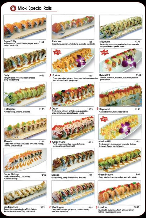 Mioki Sushi, Fremont, CA.. I'm having serious sushi cravings, I only get to have it when I'm home. Sushi Roll Menu, Different Types Of Sushi, Resep Sushi, Japanese Food Photography, Menu Sushi, Sushi Recipes Homemade, Sushi Roll Recipes, Salad Dressing Recipes Healthy, Sushi Menu