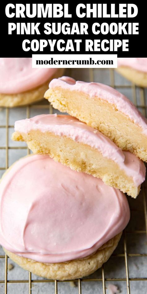 It's everyones favorite Crumbl cookie -- the classic pink chilled sugar cookie! A crumbly cookie topped with sweet almond icing. This crumbl copycat recipe is pure perfection, you can skip the trip to the store and make your batch any time you want. Snack Idea Recipes, Copy Cake Crumble Cookie, Crumbl Cookies Pink Sugar, Crumble Pink Sugar Cookie Recipe, Half Baked Cookie Recipe, Crumbl Cookie Copycat Nilla Bean, Crumbl Cookie Pink Sugar Cookie, Classic Pink Sugar Cookie Crumble, Copy Cat Pink Sugar Cookie