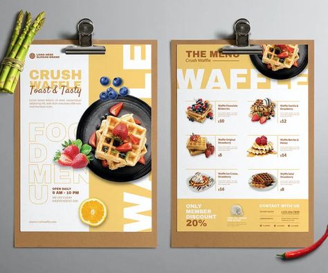 Waffle Restaurant Menu Template PSD, AI, EPS Waffle Menu Board, Waffle Menu Design Ideas, Waffles Menu Design, Breakfast Menu Design Ideas, Breakfast Menu Ideas Restaurant, Menu Food Design Ideas, Menu Design Ideas Cafe, Waffle Menu Design, Croffle Menu