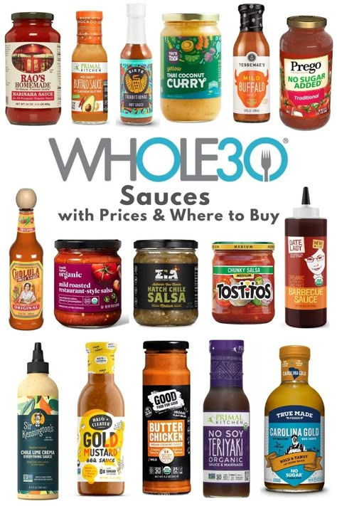 This is the full list of all the Whole30 sauces I could find, complete with prices and where to buy them! So if you've been wondering what store bought brands of sauces are Whole30 compatible or Whole30 Approved, you're in the right place! #whole30 Whole 30 Sauces, Whole30 Food List, Whole 30 Approved Foods, Whole 30 Salads, Paleo Sauces, Whole 30 Meal Plan, Easy Whole 30 Recipes, Homemade Curry, Homemade Buffalo Sauce