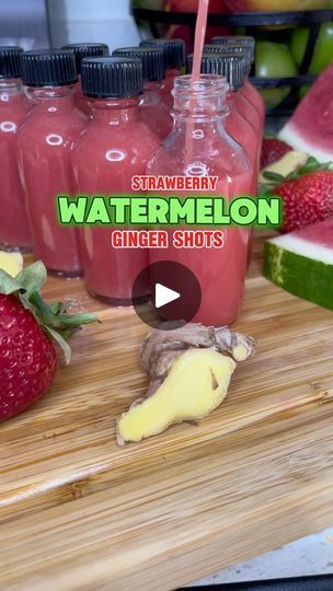 8.7K reactions · 2.1K shares | Strawberry Watermelon Wellness Shots ⤵️
.
.

Recipe 
* 1/4 Watermelon 
* 2 cups Strawberries 
* 4oz Ginger (about the size of ur hand)
* 1 Lemon 

These Watermelon shots are packed with antioxidants and perfect for muscle soreness. If you’re looking for an easy way to boost hydration and have glowing skin…10/10 HIGHLY RECOMMENDED 🤩
.
.
🍉 Watermelon is around 90% water. It’s been found to help with digestion, hydration, and provides electrolytes such as potassium.

🍓Strawberries are packed with Vitamin C, great for skin, and low in calories 

🫚 Ginger can help reduce pain relief, packed with antioxidants and aids in digestion 

🍋 Lemons have natural detoxification properties, aids in digestion, and healthy skin
.
.
Sending Love + Light  #nirvanakiana #jui Watermelon Wellness Shots, Watermelon Shots, Strawberry Watermelon Smoothie, Help With Digestion, Ginger Shots, Healthy Juicing, Sending Love And Light, Ginger Shot, Wellness Shots