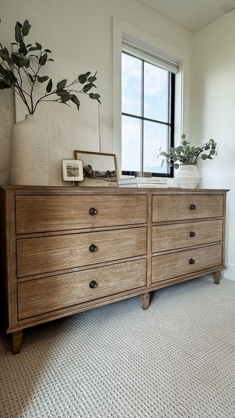 Dresser Between Windows, Double Dresser In Bedroom Ideas, Dresser Under Tv In Bedroom, Tall Dresser Decor Bedroom, Above Dresser Decor, Dresser Under Tv, Bedroom Decor Dresser, Tall Dresser Decor, Diy Dressers