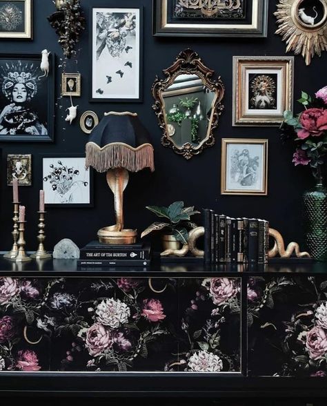 Gothic Multi-Shop Marketplace on Instagram: “Interior goals 🖤😍 Who else would love this to be their space? 💜 📷 84_square . . . #gothic #gothicfashion #gothicart #gothicgirl…” Gothic Wallpaper Wall, Collector Home Decor, Gothic Wall Collage, Goth Hallway Decor, Goth Victorian Aesthetic House, Gothic Collage Wall, Gothic Victorian Maximalism, Gothic Maximalism Bedroom, Gothic Frame Wall