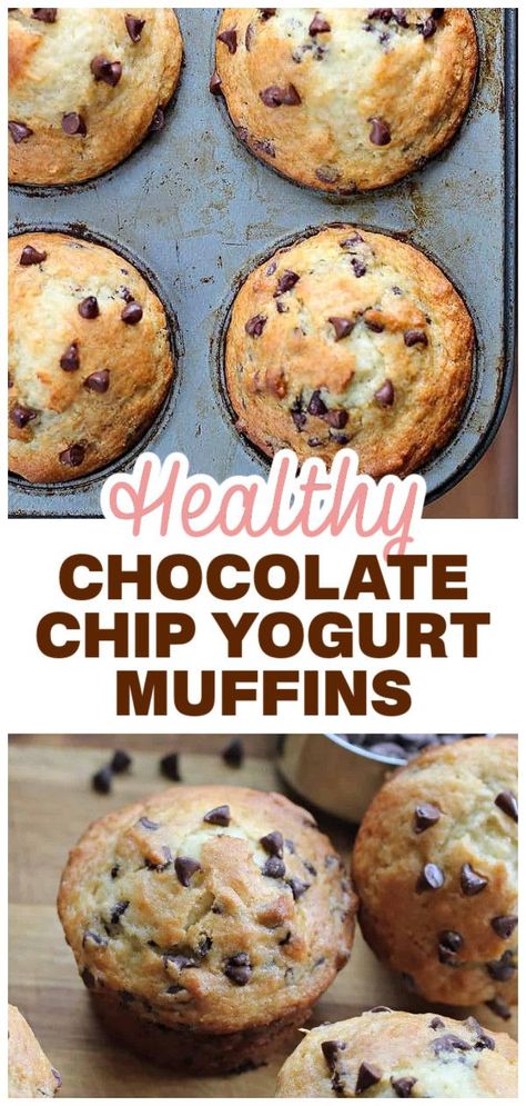 You'll totally love these Chocolate Chip Yogurt Muffins! Bakery style, warm, melt-in-your-mouth fun! Hearty, delicious muffins bursting with chocolate chips and made with Greek yogurt, because we love to use Greek yogurt! Perfect healthy picnic treat! Greek Yogurt And Chocolate Chips, Chocolate Chip Muffins With Yogurt, Recipes That Use Vanilla Yogurt, Healthy Yummy Muffins, Greek Yogurt Muffins Gluten Free, Healthy Dessert With Greek Yogurt, Breakfast Recipes With Greek Yogurt, Protein Muffins Chocolate Chip, Banana Oat Greek Yogurt Muffins