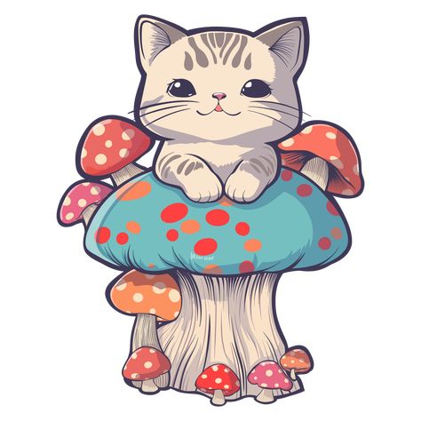 Mushroom Cat Drawing, Cat And Mushroom, Tattoo Gato, Cat Mushroom, Simple Cat Drawing, Mushroom Illustration, Forest Drawing, Picture Drawing, Illustration Picture