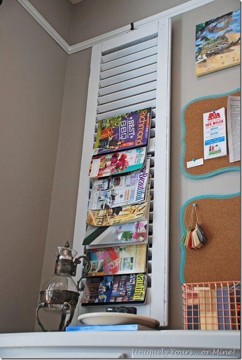 Repurposing a vintage wood shutter as magazine storage. Now THAT is an awesome idea. Kate!! Keep an eye out at treasure mart! Old Window Shutters, Magazine Display, Magazine Storage, Old Shutters, Wooden Shutters, Wood Shutters, Diy Network, Window Shutters, Book Storage