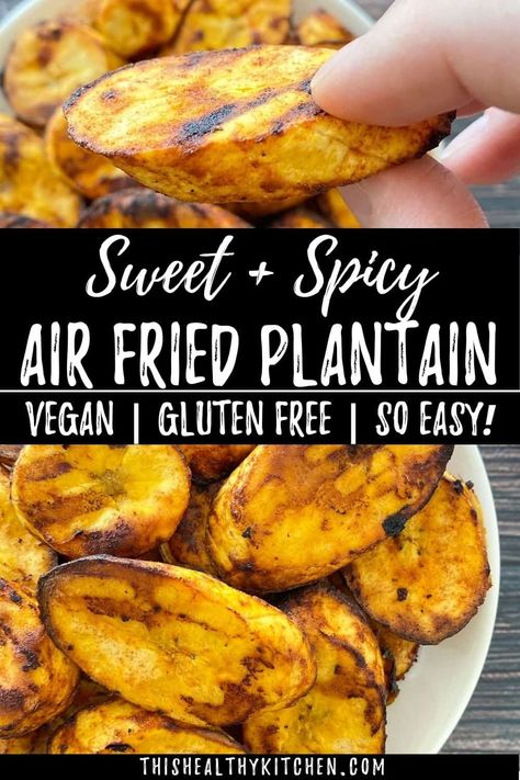 An easy recipe for air fryer plantains with little to no oil for a healthy and delicious snack. It's naturally vegan and gluten free, with a mix of sweet and spicy flavours. #vegan #airfryer #plantains Air Fryer Plantains, Vegan Airfryer, Baked Plantain Chips, Recipe For Air Fryer, Fried Plantains, Plantain Recipes, Plantain Chips, Air Fry Recipes, Plantains Fried