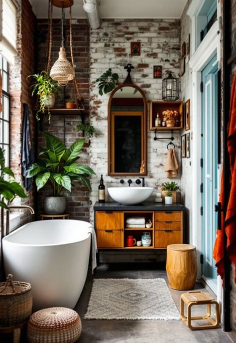 Boho Bathroom Ideas Industrial Boho Bathroom, Bad Boho Style, Boho Bathroom Decor Ideas, Tranquil Bathroom, Boho Textiles, Maximalist Boho, Boho Bathroom Ideas, Urban Boho, Lush Plants