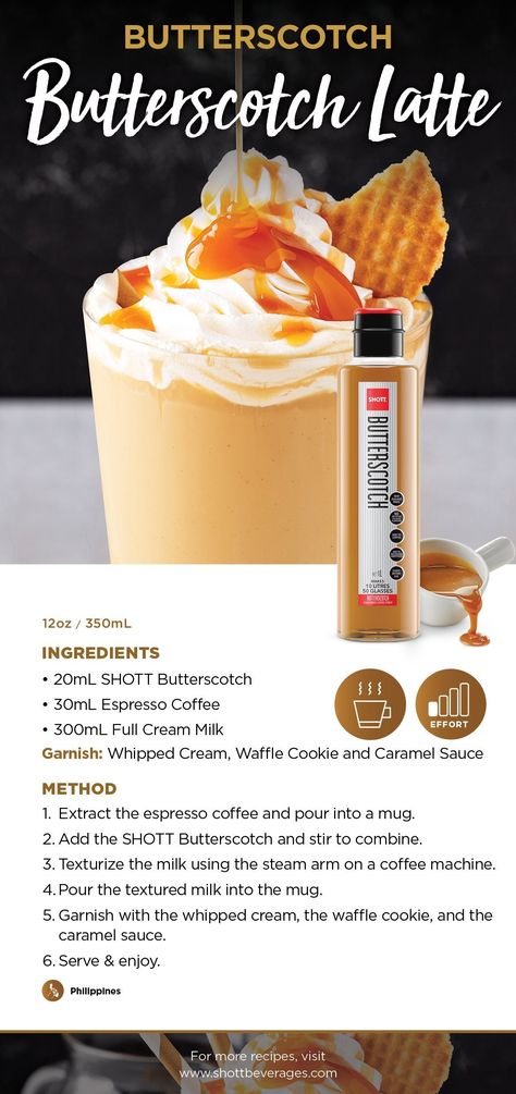 Butterscotch Latte, Butterscotch Coffee, Coffee Syrups, Waffle Cookies, Coffee Syrup, Caramel Sauce, Espresso Coffee, Coffee Machine, Whipped Cream