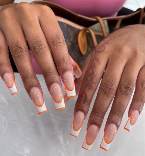 Ginger French Tip Nails, White French Tip With Orange Design, White And Orange French Tip Nails, French Tip With Orange Line, Orange Medium Nails, Classy Orange Nails, French Tip Color Ideas, White Orange Nails, Orange Nails French Tip