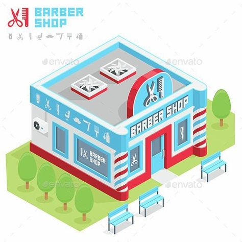 Minecraft Barn, Isometric Map, Building Business, Tree Vector, Small Store, Salon Signs, Building Illustration, Shop Buildings, Front Hair