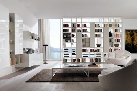 Living room designs by Gruppo Euromobil Snug Library, Double Sided Bookcase, Library Room Design, Glass Closet, Contemporary Room, Design Del Prodotto, Modern Furniture Living Room, Stylish Home Decor, Starling