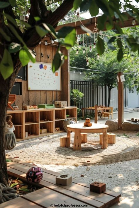 24 Montessori Classroom Design Ideas (2024) Childcare Room Ideas Learning Spaces Reggio Emilia, Classroom Montessori Decor, School Garden Ideas Design, Montessori Outdoor Playground, Montessori Outside Play Area, Garden Theme Playroom, Early Childhood Environments, Montisorri Preschool Ideas, Montessori Home Daycare