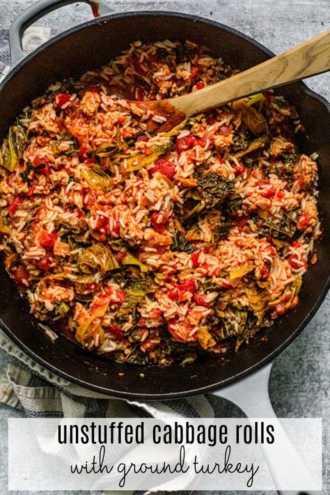 Unstuffed Cabbage Rolls with Ground Turkey and Rice #cabbagerolls #easyrecipe #groundturkey #turkey #hearthealthy #polish #ukranian #easterneuropean Cabbage Rolls With Ground Turkey, Ground Turkey And Rice, Mushroom Fettuccine, Turkey And Rice, Unstuffed Cabbage Rolls, Unstuffed Cabbage, Cooked Cabbage, Rice Dinner, Cabbage Rolls