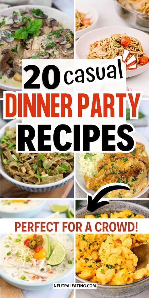 20 Easy Dinner Party Menu Ideas (A collage of healthy dinners kids love and high protein vegan dinner easy perfect for crowd pleasing recipes dinner) Dinner For 10 People Main Dishes, Birthday Party Dinner Ideas, Casual Dinner Party Menu Ideas, Easy Dinner Party Menu Ideas, Make Ahead Dinner Party, Party Meal Ideas, Easy Dinner Party Ideas, Dinner For Group, Healthy Dinner Party Recipes