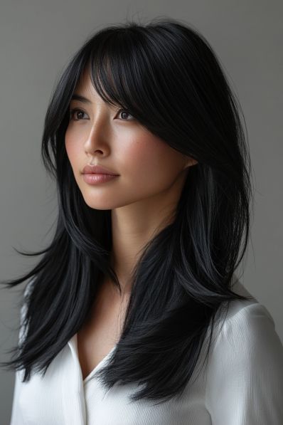 20+ Gorgeous Side Bangs Hairstyles Side Swept Bangs Asian, Bang With Side Part, Medium Length Hair With Layers And Side Bangs, Long V Haircut, V Haircut, Triangle Face Shape, Side Bang Haircuts, Bangs Black Hair, Triangle Face