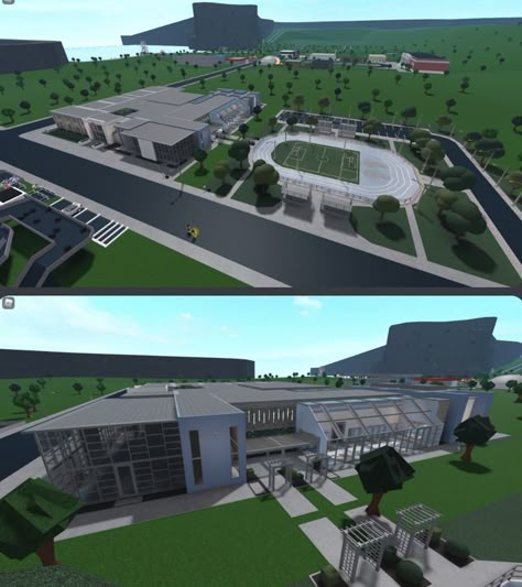 Bloxburg School Parking Lot, School Gym Bloxburg, Bloxburg Football Field, Bloxburg School Entrance, Bloxburg Bleachers, Bloxburg College Ideas, Bloxburg School Ideas Layout With Dorms, High School Floor Plans Layout Bloxburg, Bloxburg Country Club