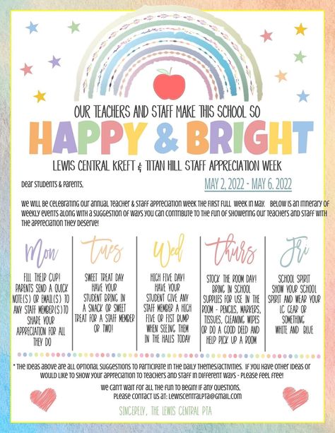 Teacher Appreciation Week Themes For Students, Pto Staff Appreciation Ideas, Teacher Appreciation Spirit Week, Pta Themes For The Year, Pto Ideas For Teachers, Pta Teacher Appreciation Ideas, Pto Teacher Appreciation Ideas, Pta Event Ideas, Teacher Happies