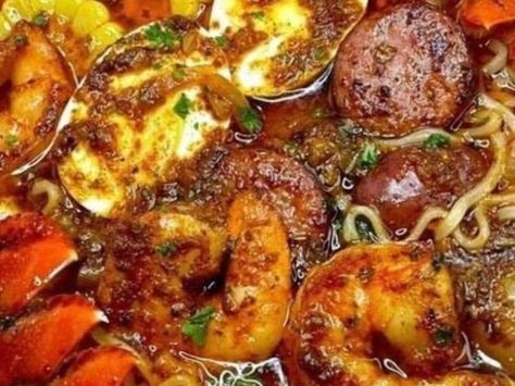 Seafood Boil Ramen: A Quick & Flavorful Meal - NewsBreak Seafood Boil Ramen, Fried Flounder, Honey Baked Chicken, Sweet Potato Cheesecake, Okra Stew, Honey Baked, Seafood Mix, Mini Tacos, Kidney Friendly Foods