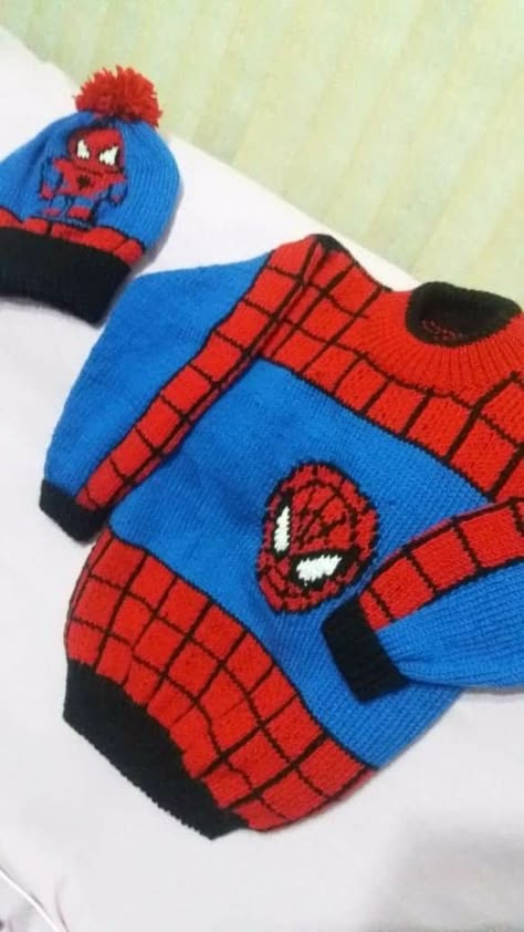 Spider Man Knitting Patterns, Spiderman Sweater, Knit Stitch Patterns Free, Baby Boy Knitting Patterns Free, Boys Knitting Patterns Free, Knitting Patterns Boys, Knitted Mittens Pattern, Kids Knitting Patterns, Baby Boy Knitting Patterns