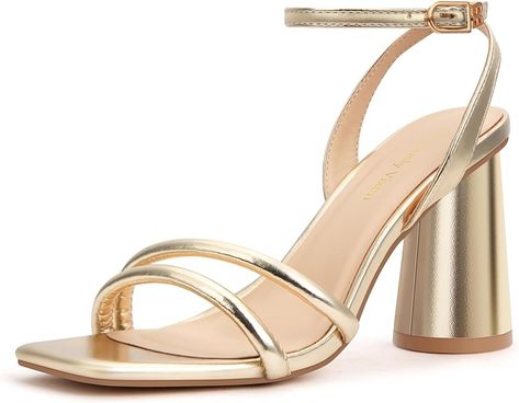 Amazon.com | Viciously Vixen Women's Block High Heels Square Toe Heeled Sandals Ankle Strap Shoes, Gold, 6 | Heeled Sandals Block High Heels, Ankle Strap Shoes, Square Toe Heels, Gold Heels, Strap Shoes, Heeled Sandals, The Chic, No Brand, Shoe Brands