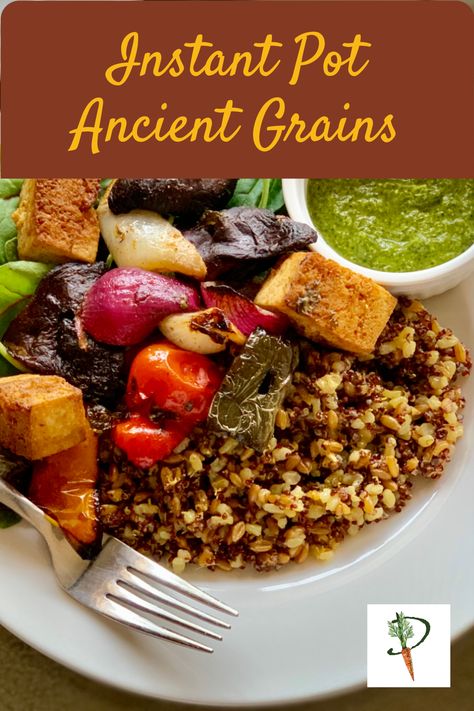 This hearty, delicious, and healthful Instant Pot Ancient Grains recipe is adapted from True Food Kitchen Ancient Grains recipe, which is cooked in the oven. These are the grains in the Ancient Grains Bowl served at TFK. This recipe might turn you into a vegan zombie—hungry for grains.  #vegan #plantbased #grains #instantpot #veganinstantpot #turmeric #quinoa #redquinoa #farro #speltfarro #truefoodkitchen #truefoodkitchenrecipe #easyvegan #healthyvegan #dairyfree #wholefoods #whatveganseat #easy Ancient Grains Bowl, Ancient Grain Bread Recipe, True Food Kitchen Recipes, Turmeric Quinoa, Ancient Grains Salad, Ancient Grains Recipes, Ancient Food, Grains Recipes, Grain Bowl Recipe