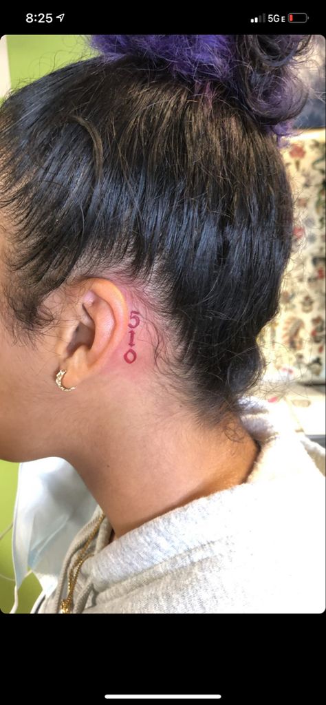 Red Ink Initial Tattoo, Area Code Tattoo Ideas, Bay Area Tattoos Ideas, Red Behind The Ear Tattoo, Red Tattoo Behind Ear, Bay Area Tattoos, Number Tattoo Behind Ear, Area Code Tattoo, Area Code Tattoos