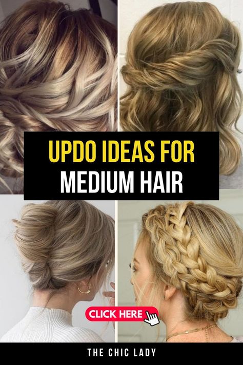 15 Sleek Summer Updos for Medium Hair You Need to Try Updo For Medium Short Hair, Med Length Updo Hairstyles, Prom Updos For Shoulder Length Hair, Soft Updos For Medium Hair, Cocktail Event Hairstyles, Hairstyles For Medium Length Hair Dressy, Updos For Medium Length Hair Easy Formal, Formal Hairstyles Updo Elegant, Updo Hairstyles For Shoulder Length Hair